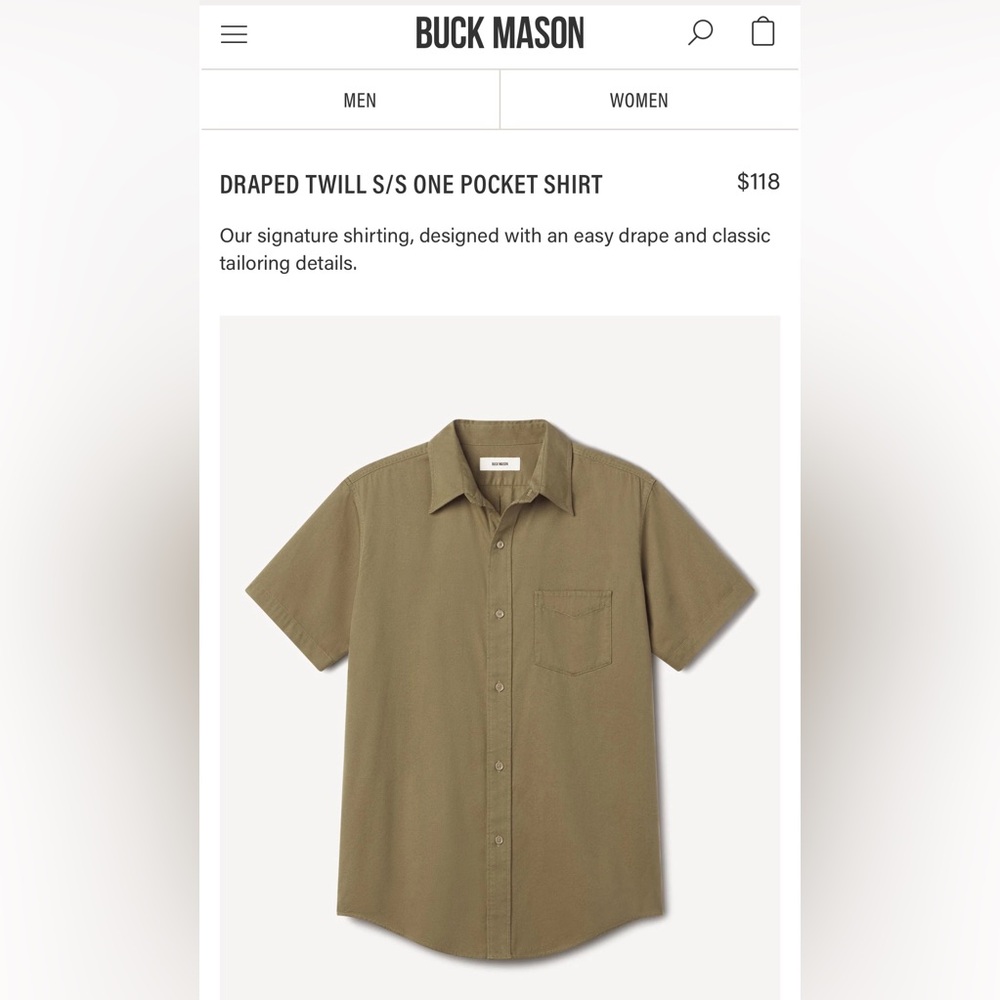 Buck Mason Olive Twill Short Sleeve Shirt